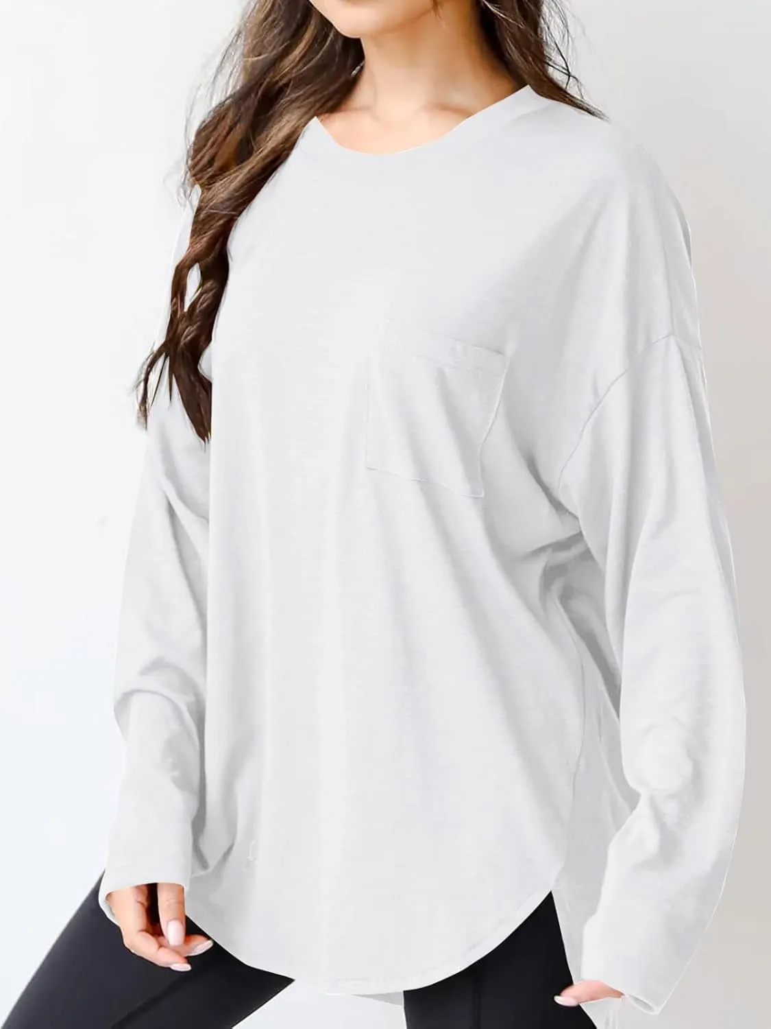 Wihion Women Oversized Long Sleeve T-Shirts Cotton Casual Crewneck Solid Tunic Tops with Pocket