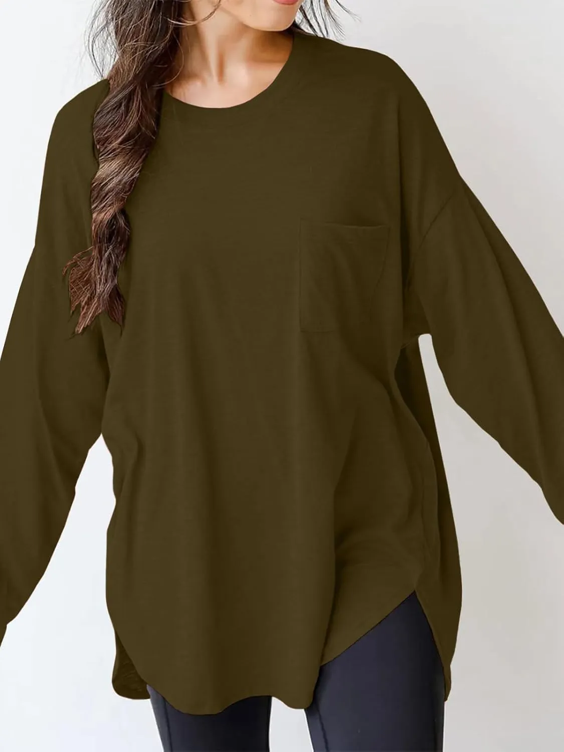 Wihion Women Oversized Long Sleeve T-Shirts Cotton Casual Crewneck Solid Tunic Tops with Pocket