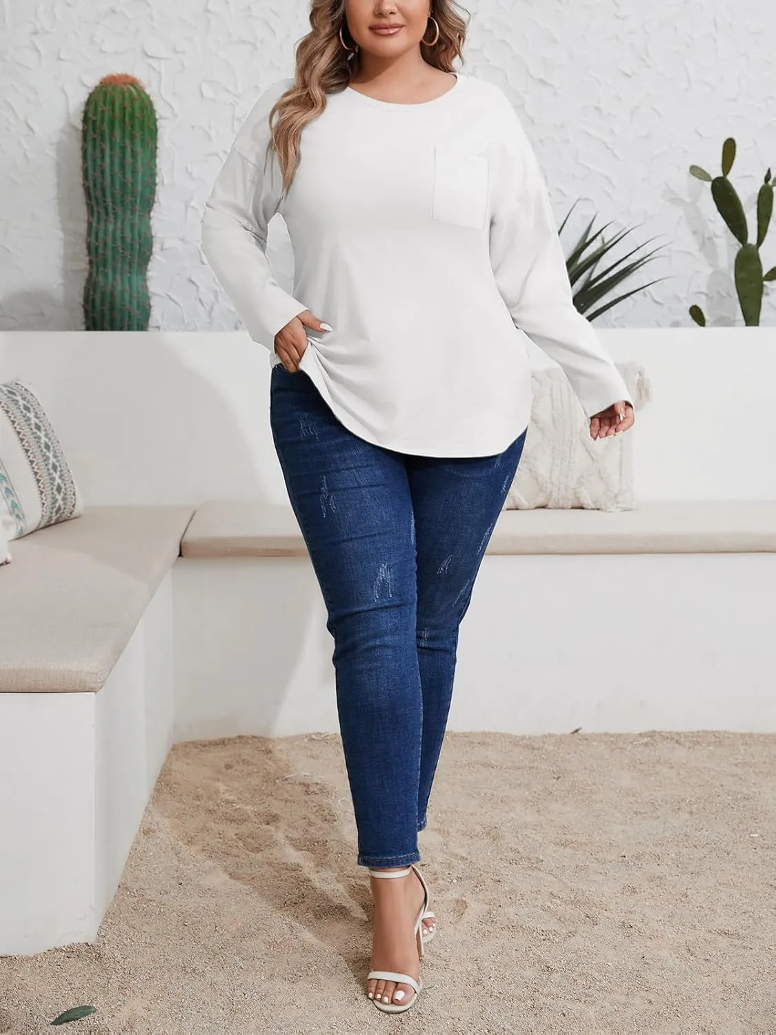Wihion Women Oversized Long Sleeve T-Shirts Cotton Casual Crewneck Solid Tunic Tops with Pocket