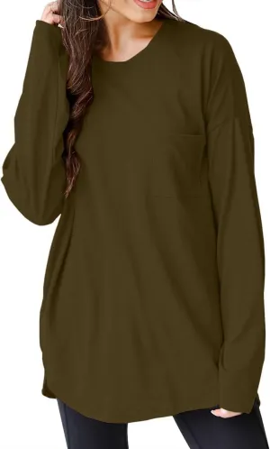 Wihion Women Oversized Long Sleeve T-Shirts Cotton Casual Crewneck Solid Tunic Tops with Pocket
