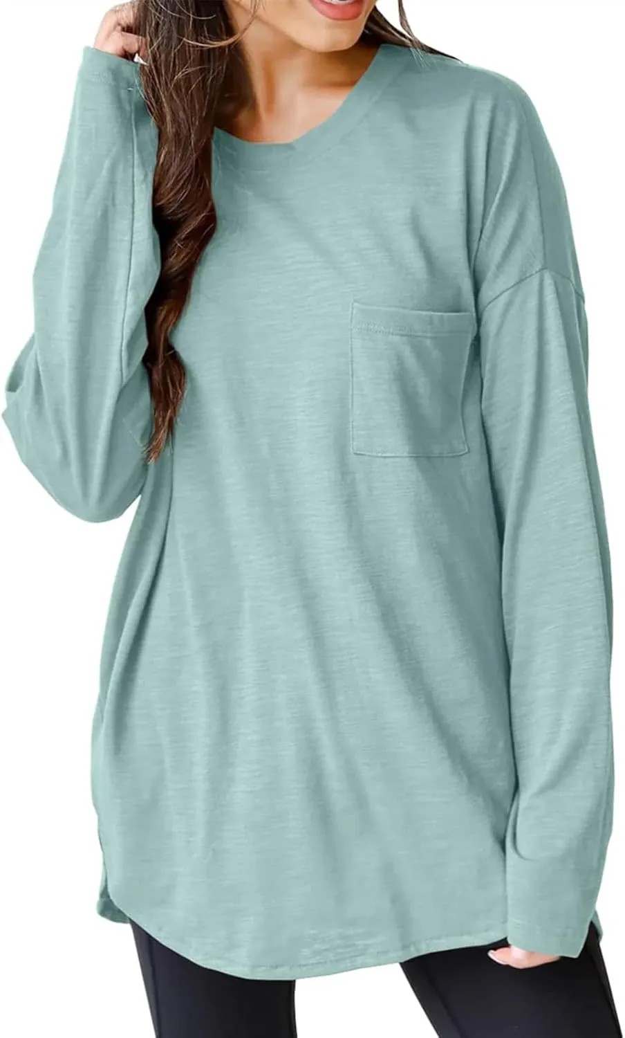 Wihion Women Oversized Long Sleeve T-Shirts Cotton Casual Crewneck Solid Tunic Tops with Pocket