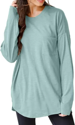 Wihion Women Oversized Long Sleeve T-Shirts Cotton Casual Crewneck Solid Tunic Tops with Pocket