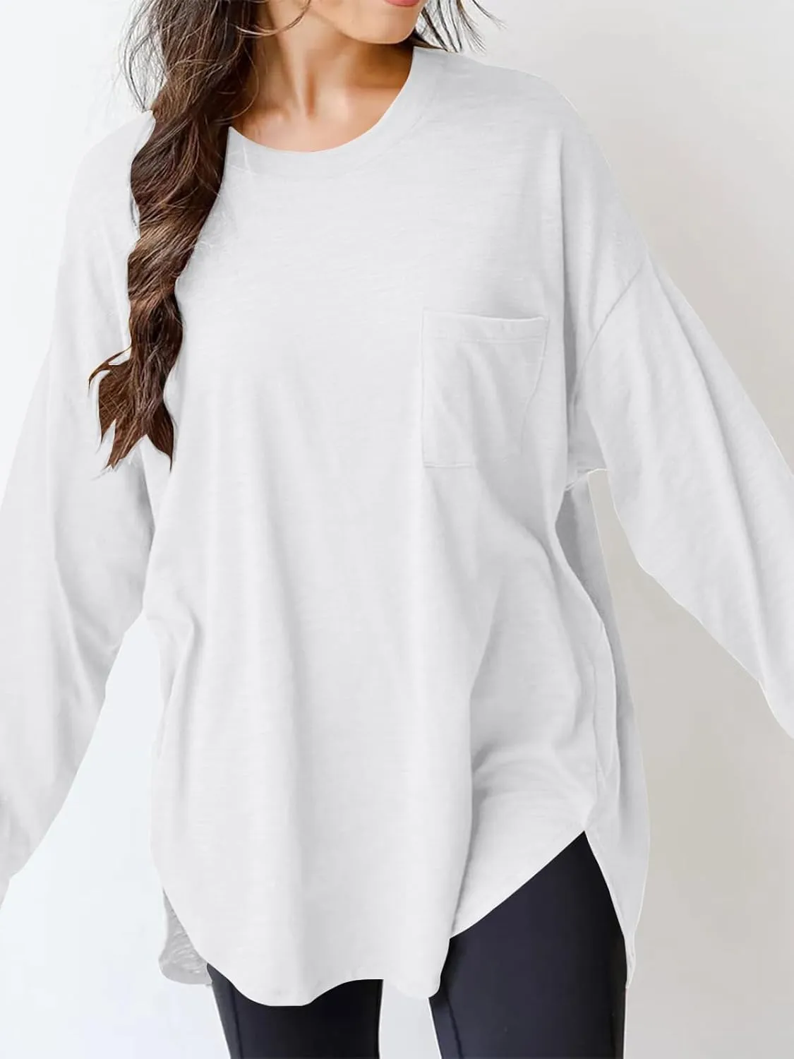 Wihion Women Oversized Long Sleeve T-Shirts Cotton Casual Crewneck Solid Tunic Tops with Pocket