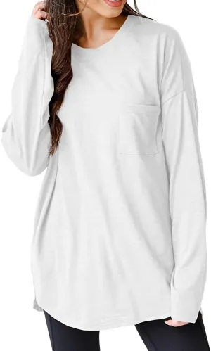 Wihion Women Oversized Long Sleeve T-Shirts Cotton Casual Crewneck Solid Tunic Tops with Pocket