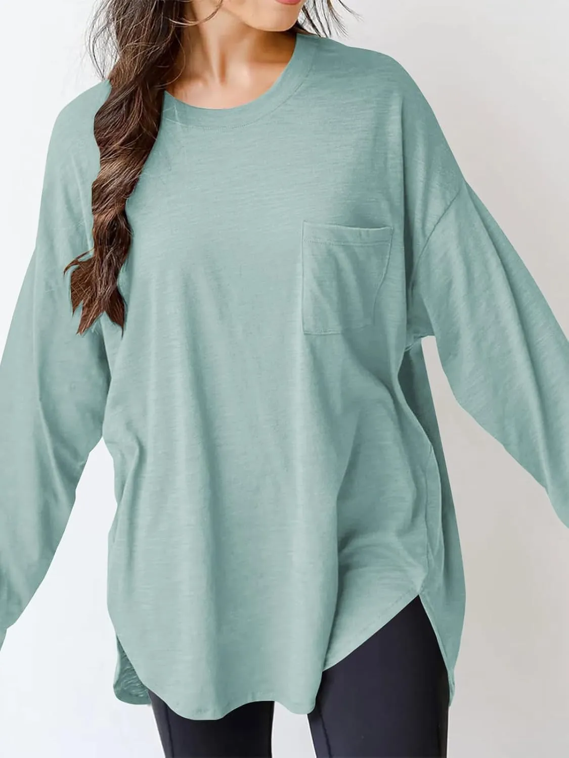 Wihion Women Oversized Long Sleeve T-Shirts Cotton Casual Crewneck Solid Tunic Tops with Pocket
