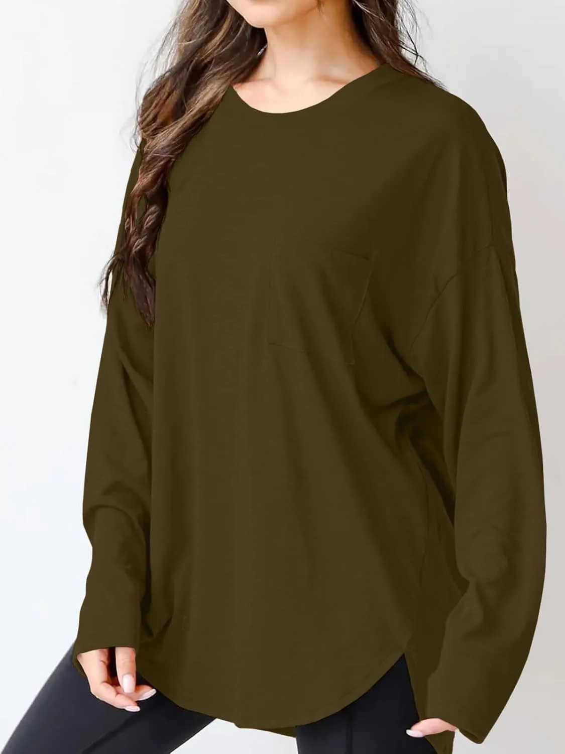 Wihion Women Oversized Long Sleeve T-Shirts Cotton Casual Crewneck Solid Tunic Tops with Pocket