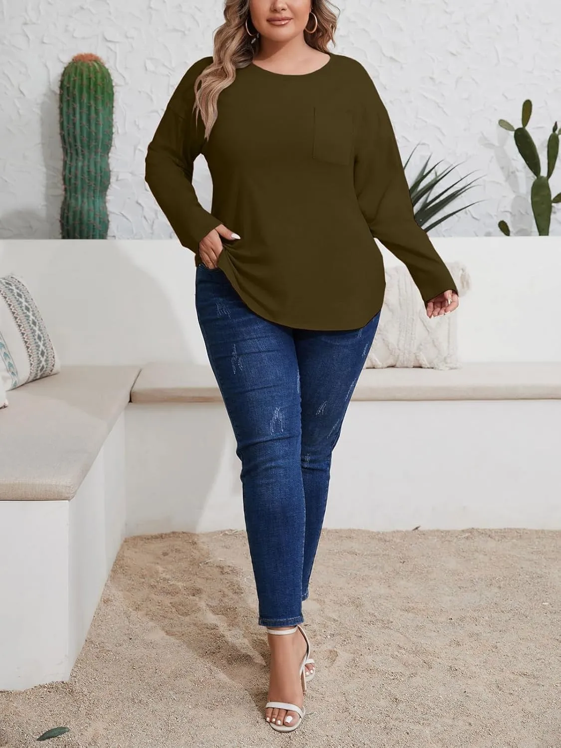 Wihion Women Oversized Long Sleeve T-Shirts Cotton Casual Crewneck Solid Tunic Tops with Pocket