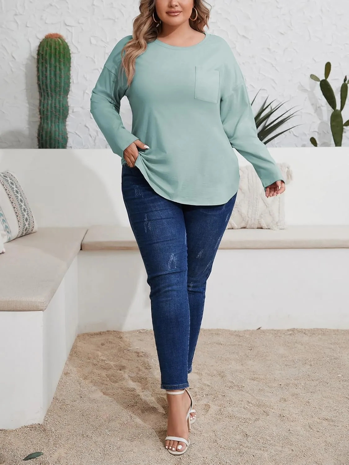 Wihion Women Oversized Long Sleeve T-Shirts Cotton Casual Crewneck Solid Tunic Tops with Pocket