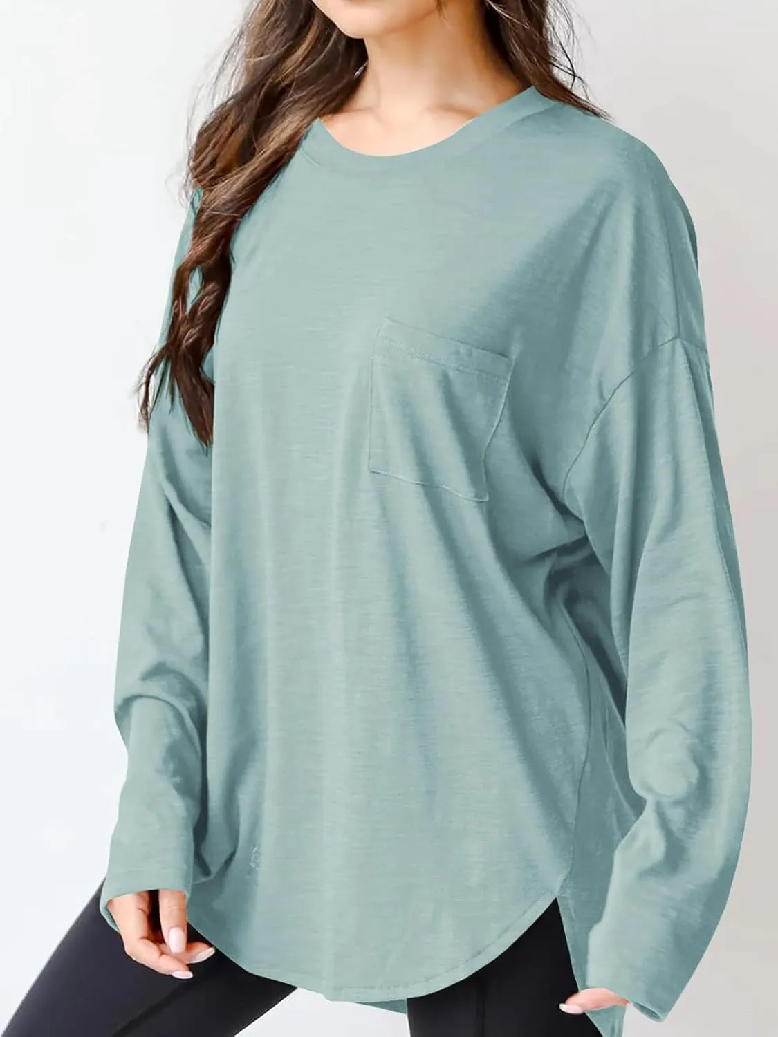 Wihion Women Oversized Long Sleeve T-Shirts Cotton Casual Crewneck Solid Tunic Tops with Pocket