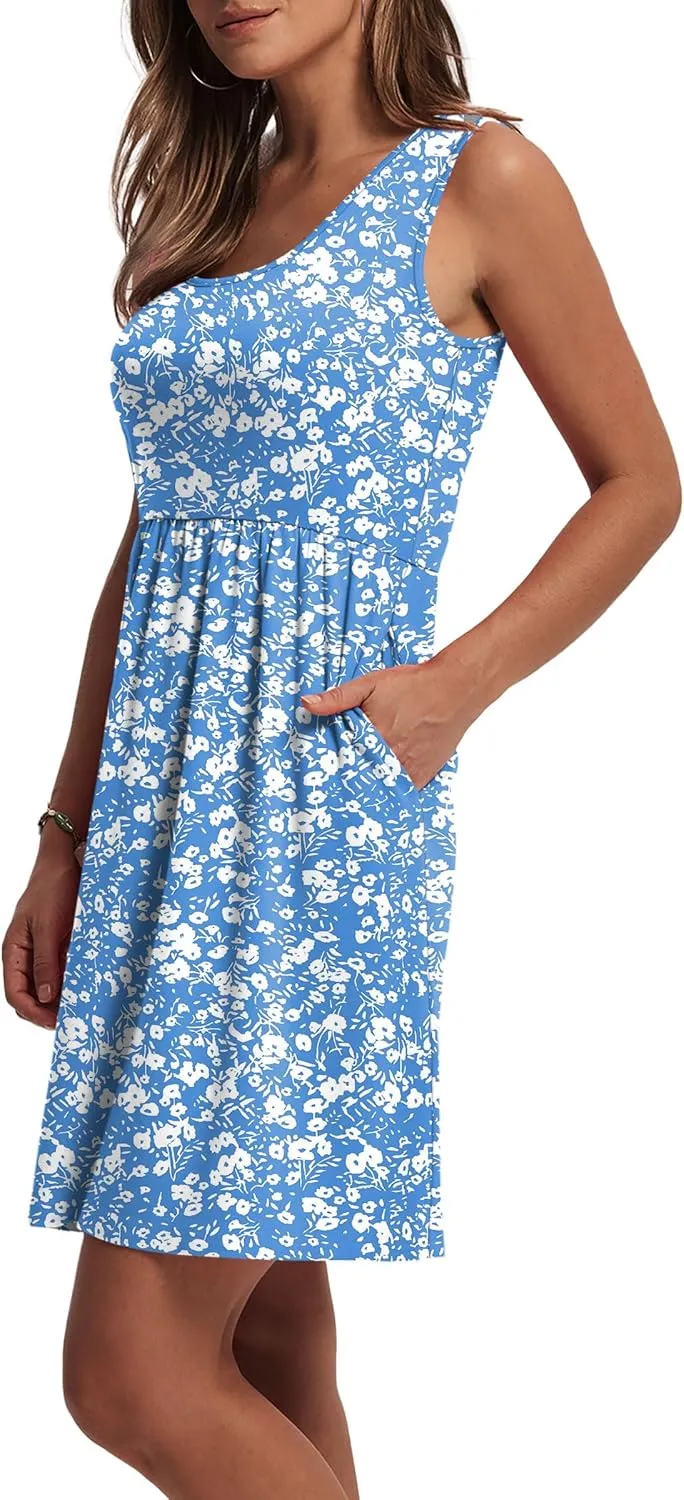 WIHOLL Women's Summer Dress 2025 A-Line Sleeveless Casual Sundress with Pockets Floral/Solid