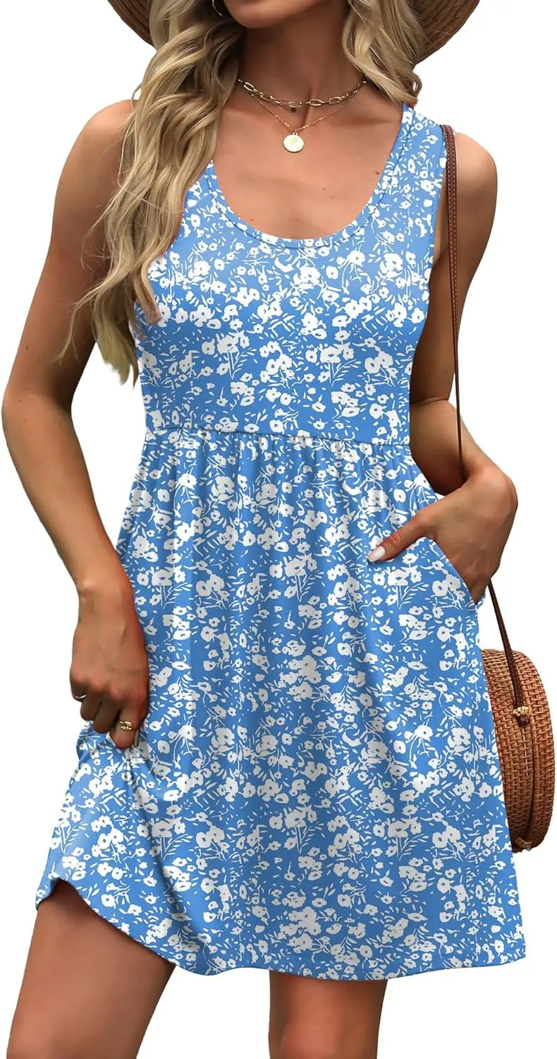 WIHOLL Women's Summer Dress 2025 A-Line Sleeveless Casual Sundress with Pockets Floral/Solid