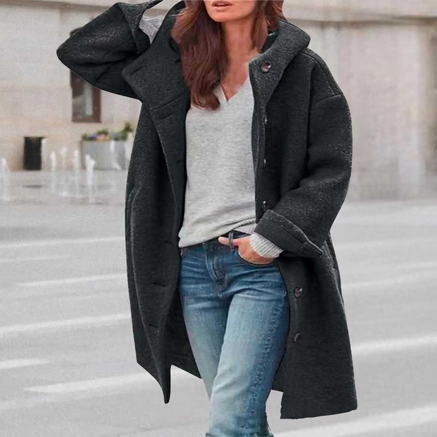 Winter Hooded Coats for Womens Casual Single-Breasted Wool Coats Trendy Lapel Button Cardigan Warm Jackets