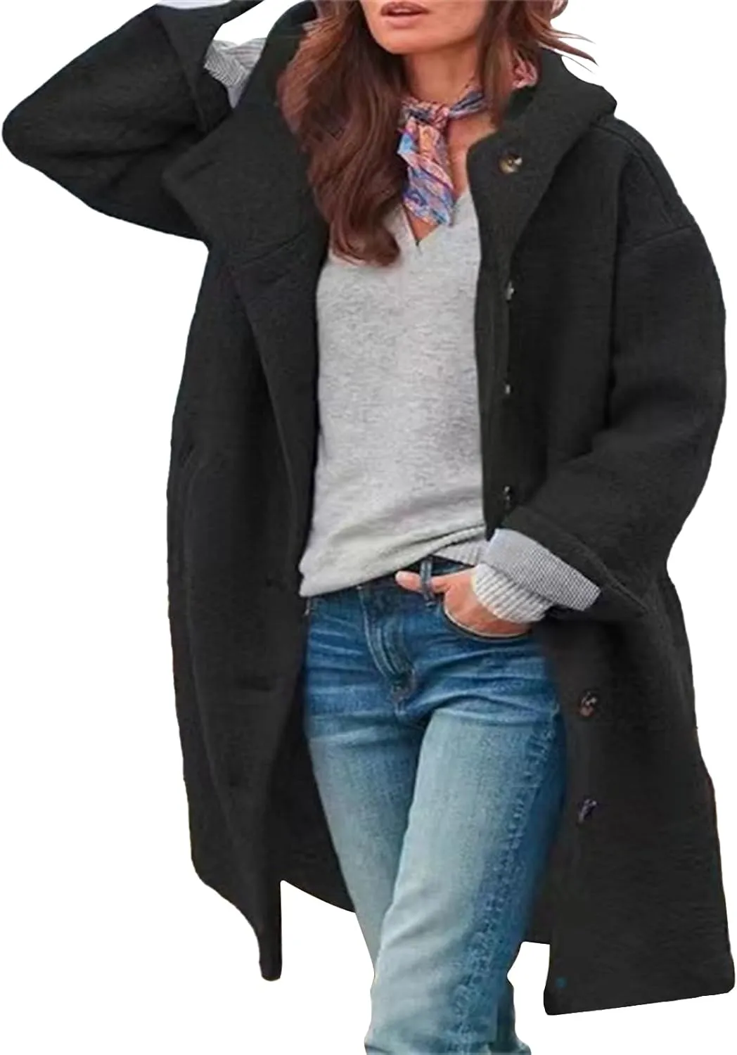 Winter Hooded Coats for Womens Casual Single-Breasted Wool Coats Trendy Lapel Button Cardigan Warm Jackets