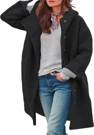 Winter Hooded Coats for Womens Casual Single-Breasted Wool Coats Trendy Lapel Button Cardigan Warm Jackets