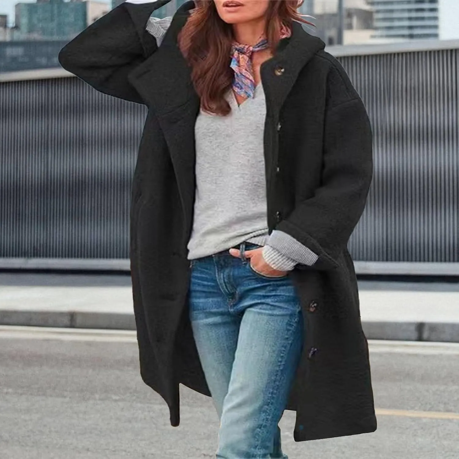 Winter Hooded Coats for Womens Casual Single-Breasted Wool Coats Trendy Lapel Button Cardigan Warm Jackets