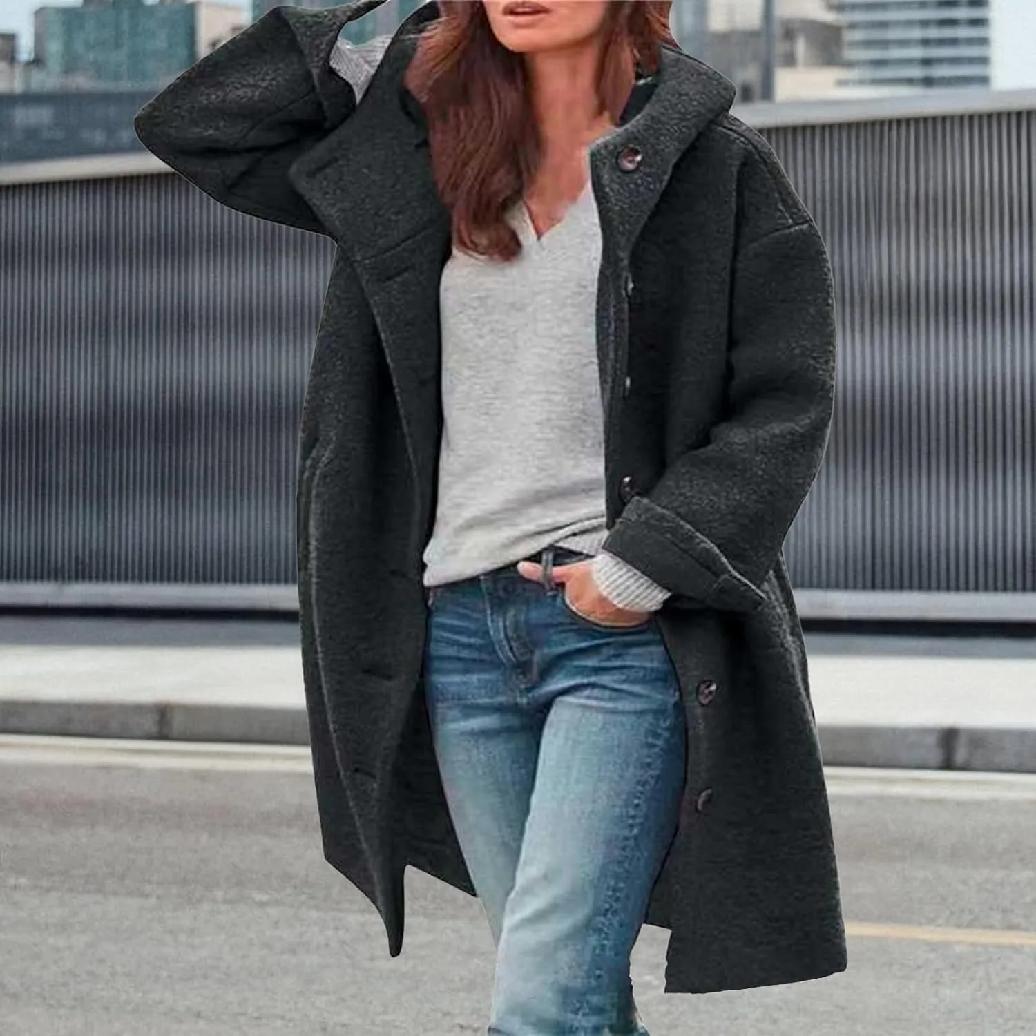 Winter Hooded Coats for Womens Casual Single-Breasted Wool Coats Trendy Lapel Button Cardigan Warm Jackets