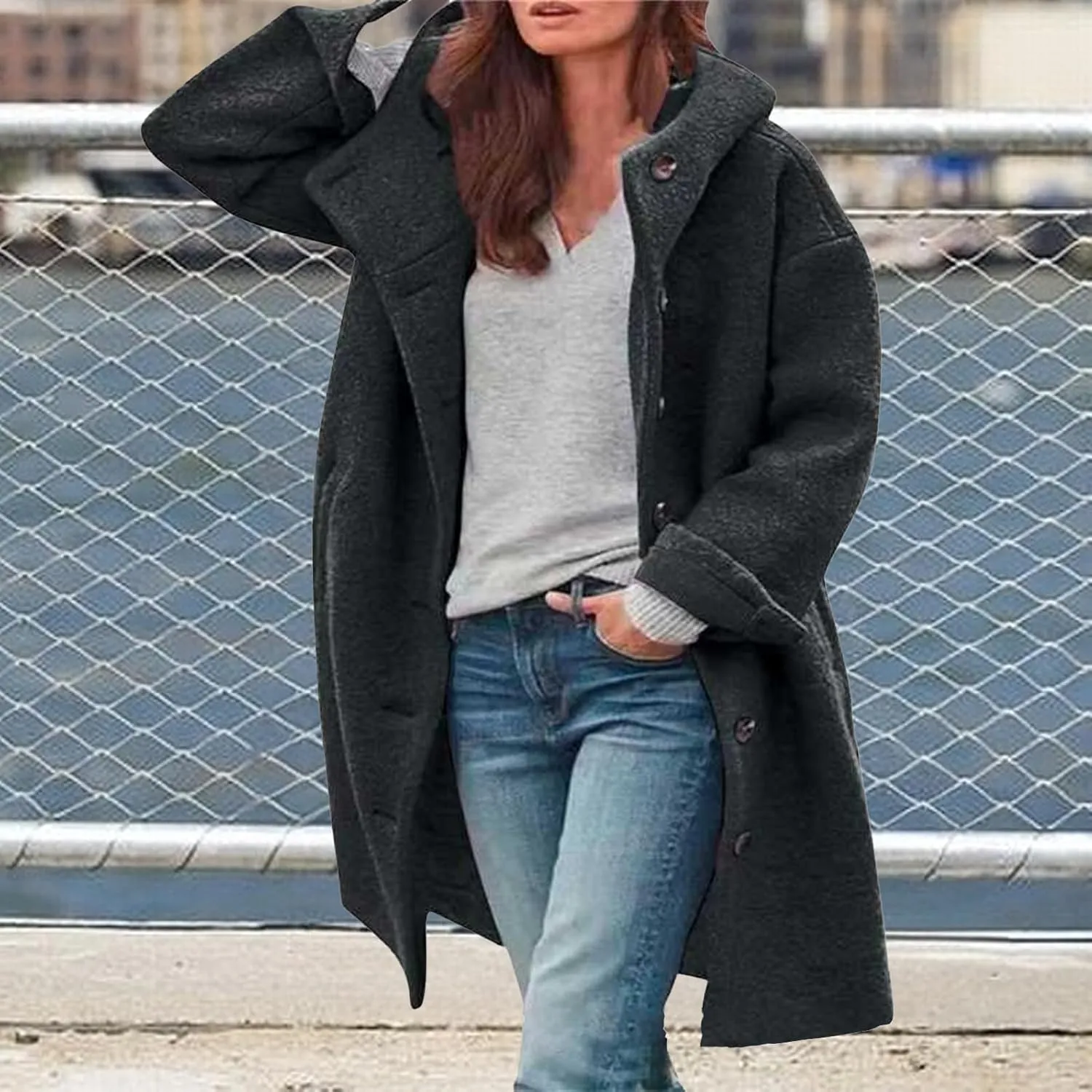 Winter Hooded Coats for Womens Casual Single-Breasted Wool Coats Trendy Lapel Button Cardigan Warm Jackets