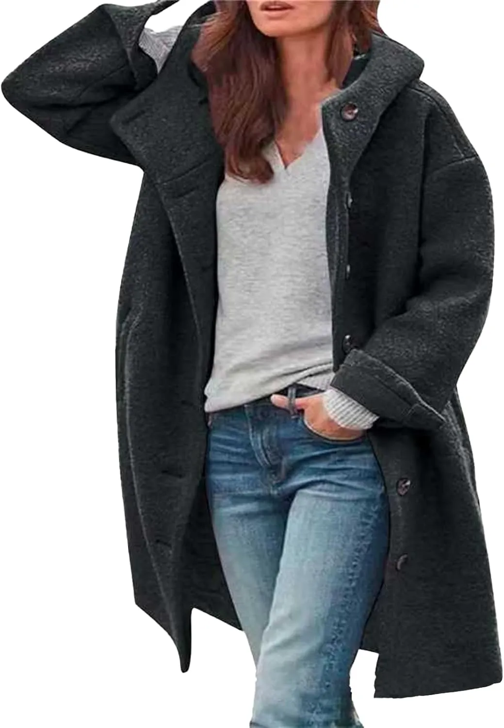 Winter Hooded Coats for Womens Casual Single-Breasted Wool Coats Trendy Lapel Button Cardigan Warm Jackets