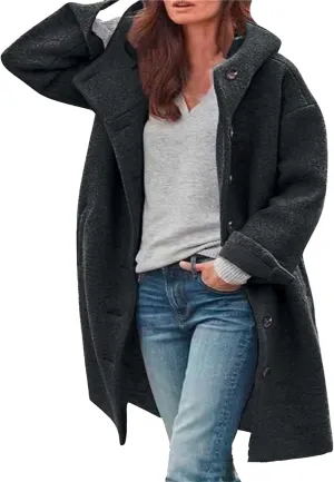 Winter Hooded Coats for Womens Casual Single-Breasted Wool Coats Trendy Lapel Button Cardigan Warm Jackets