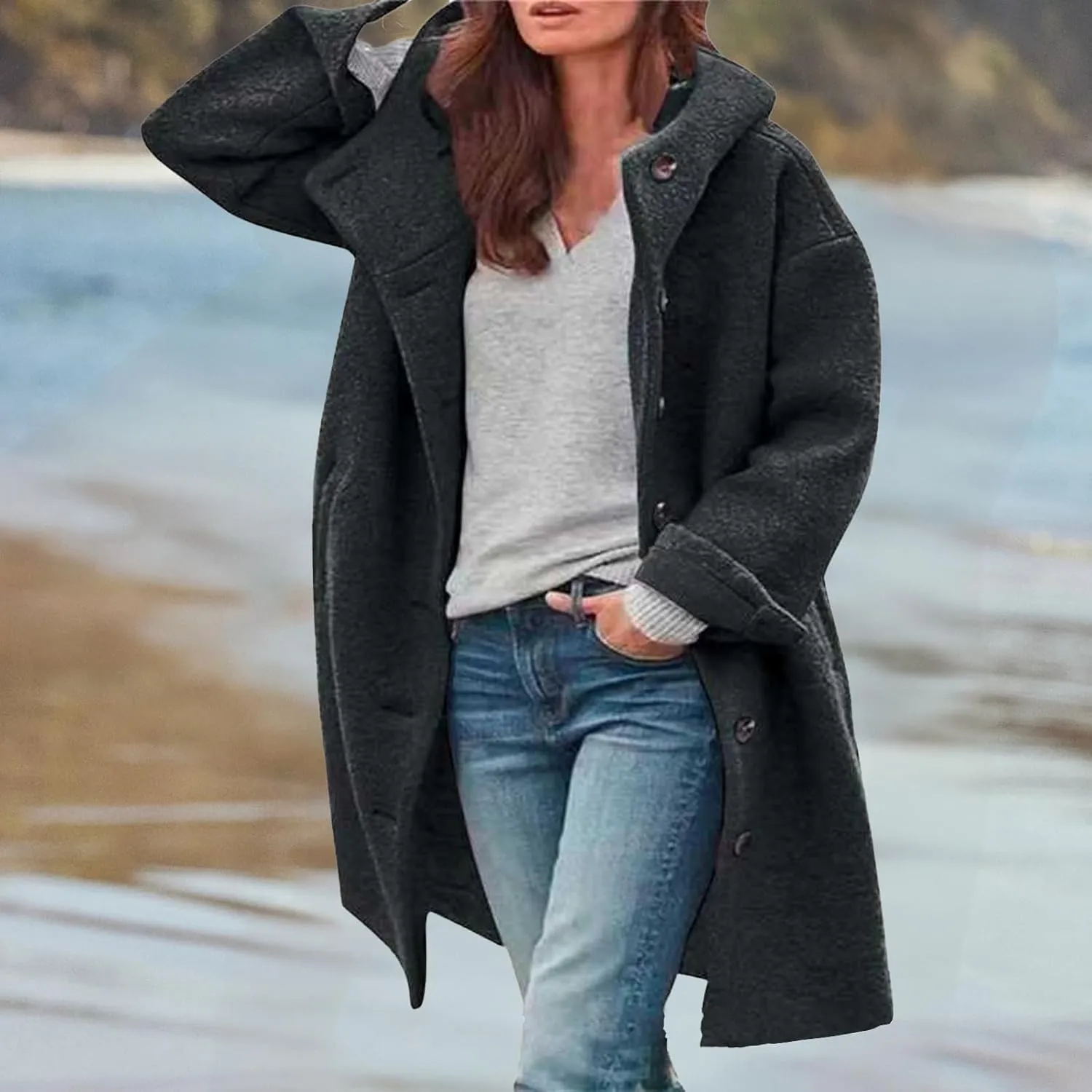 Winter Hooded Coats for Womens Casual Single-Breasted Wool Coats Trendy Lapel Button Cardigan Warm Jackets