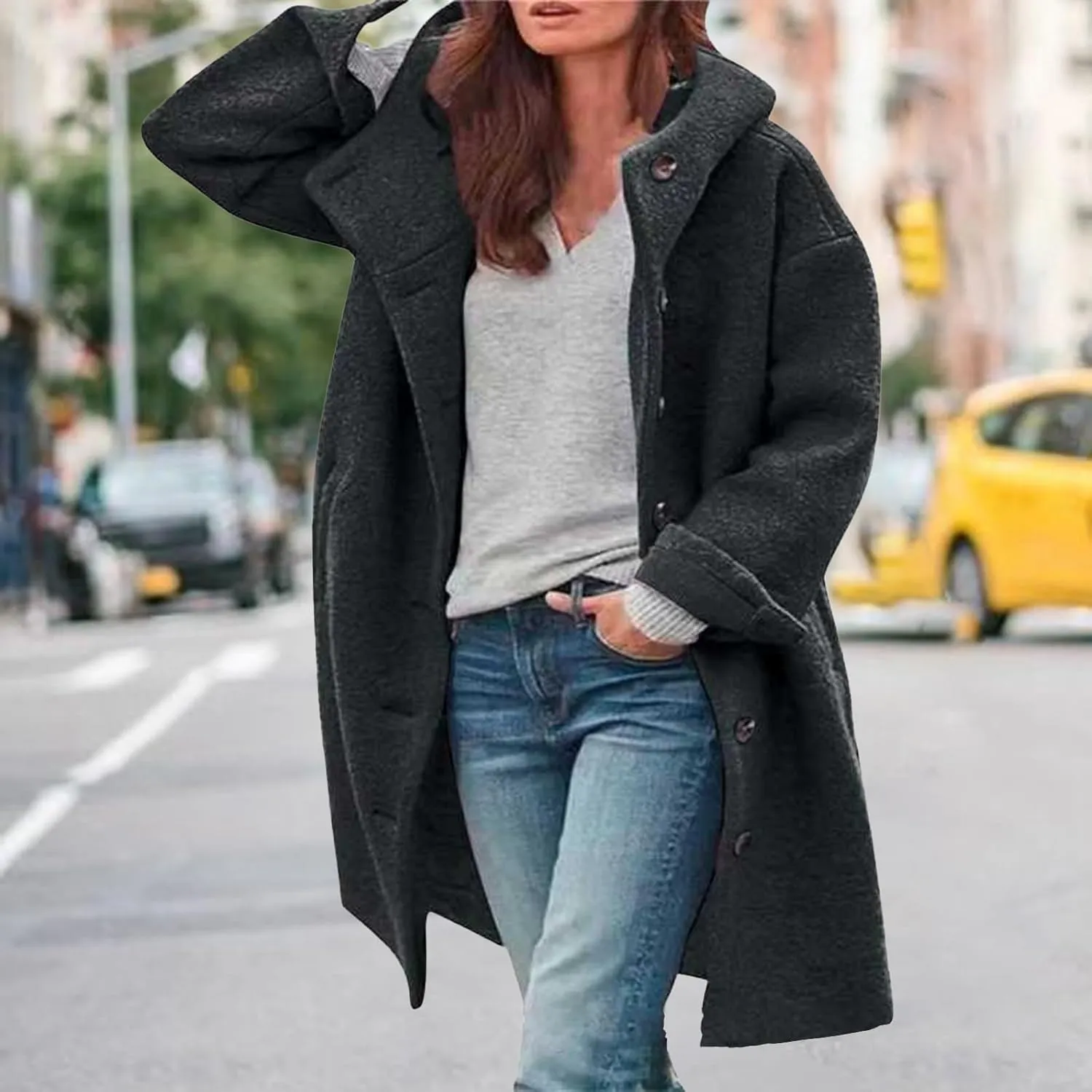Winter Hooded Coats for Womens Casual Single-Breasted Wool Coats Trendy Lapel Button Cardigan Warm Jackets