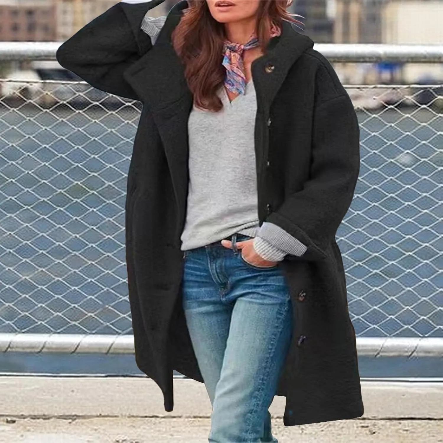 Winter Hooded Coats for Womens Casual Single-Breasted Wool Coats Trendy Lapel Button Cardigan Warm Jackets