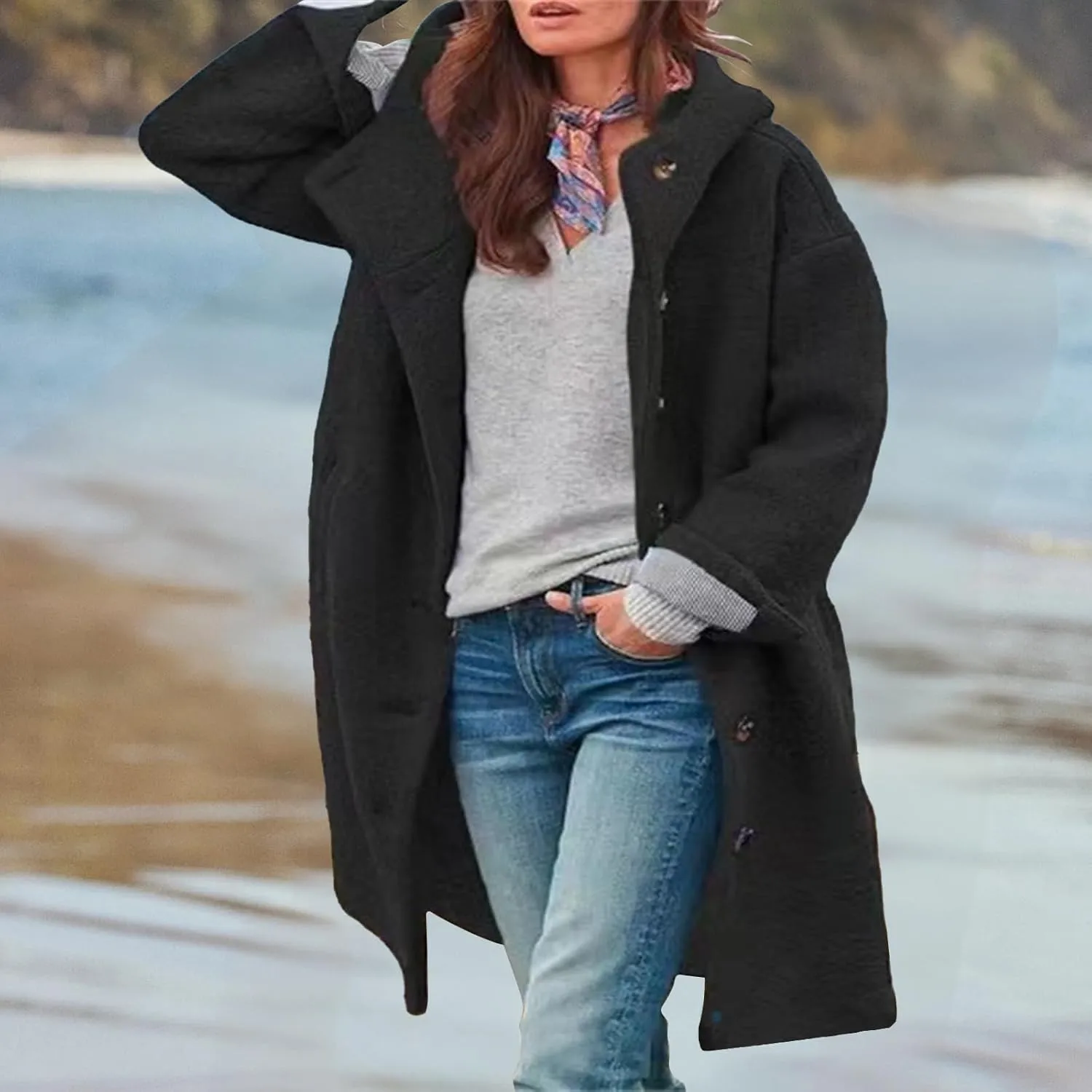 Winter Hooded Coats for Womens Casual Single-Breasted Wool Coats Trendy Lapel Button Cardigan Warm Jackets