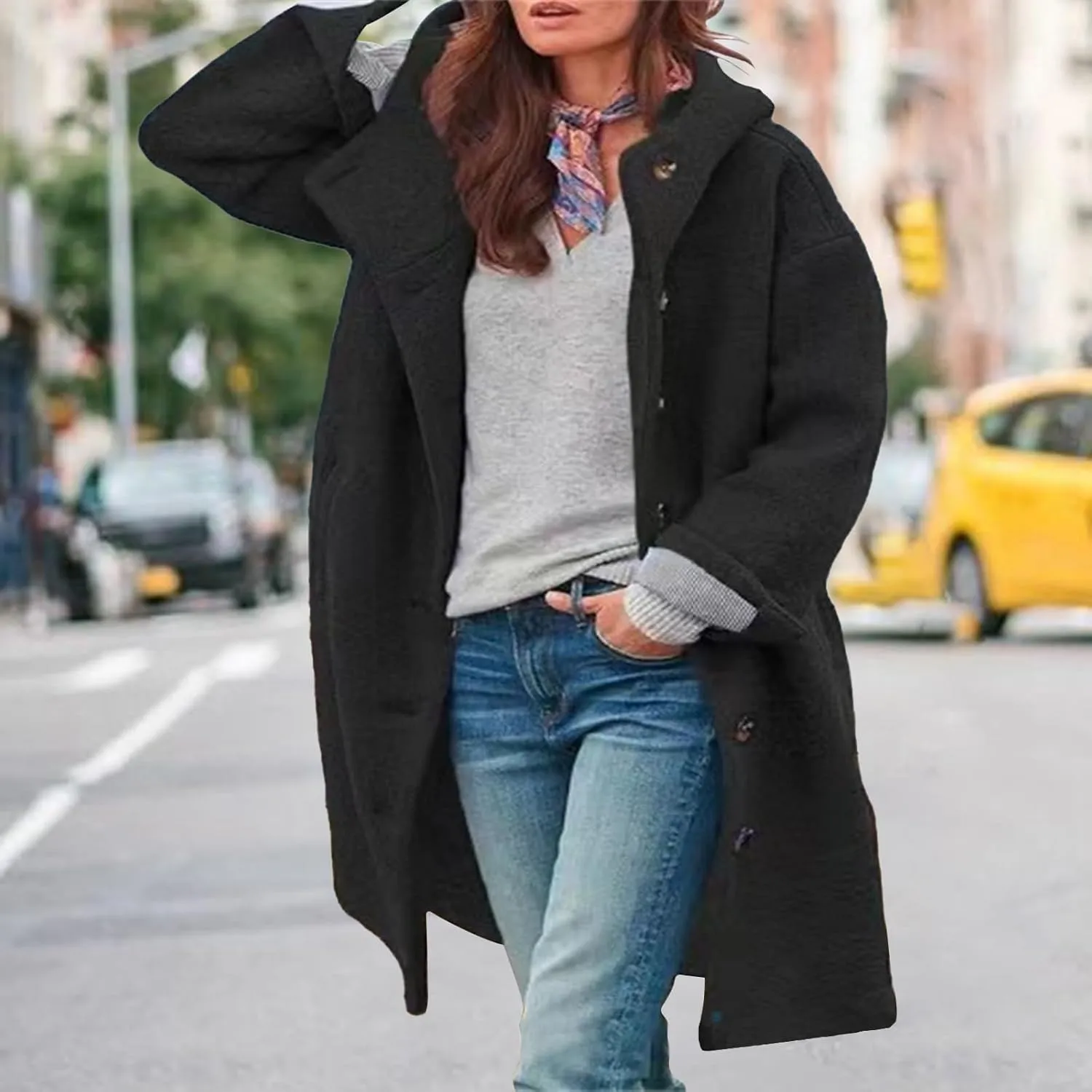 Winter Hooded Coats for Womens Casual Single-Breasted Wool Coats Trendy Lapel Button Cardigan Warm Jackets