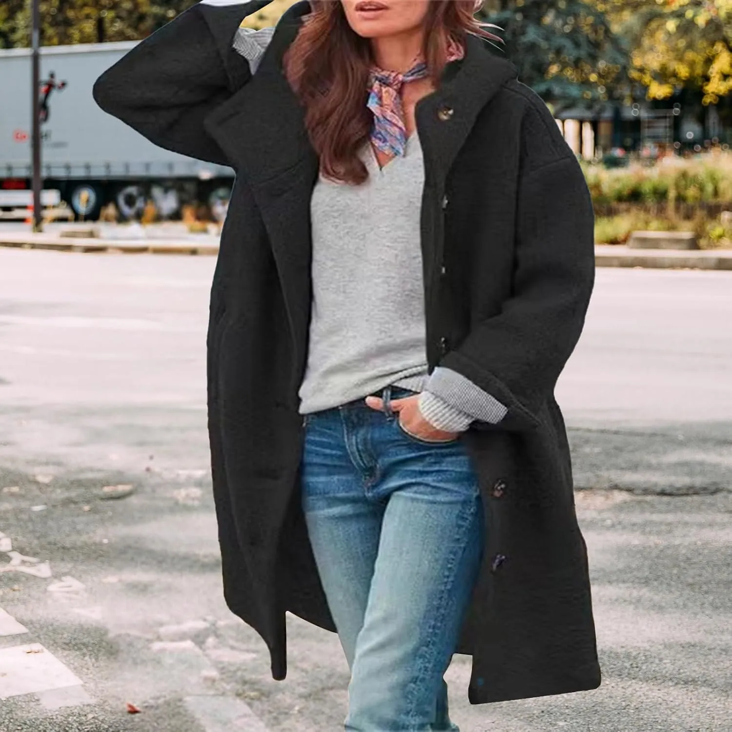 Winter Hooded Coats for Womens Casual Single-Breasted Wool Coats Trendy Lapel Button Cardigan Warm Jackets
