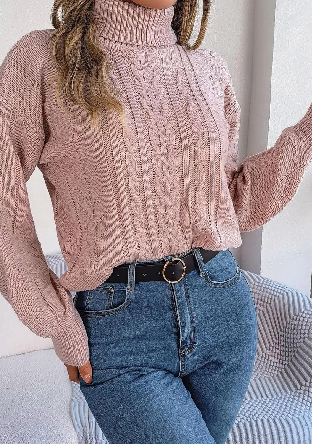 WIWIQS Women's Autumn Turtle Neck Cropped Sweater Winter Cable Knit Pullover Long Sleeve Casual Top Sweater