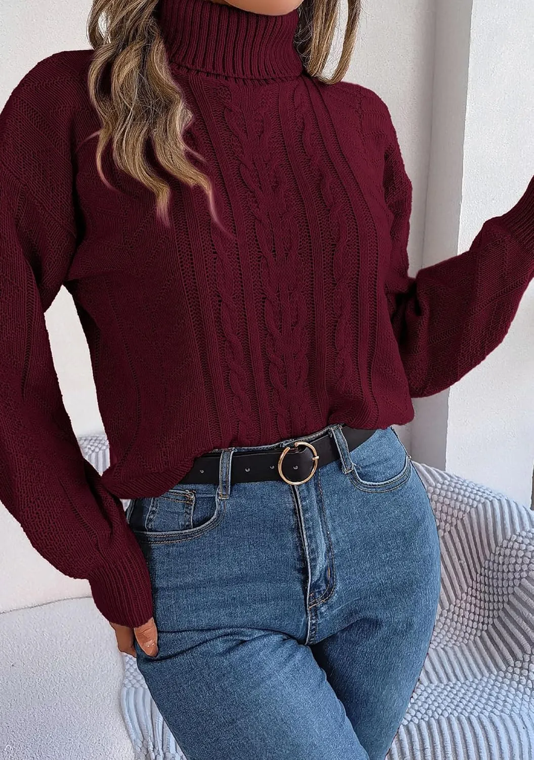 WIWIQS Women's Autumn Turtle Neck Cropped Sweater Winter Cable Knit Pullover Long Sleeve Casual Top Sweater