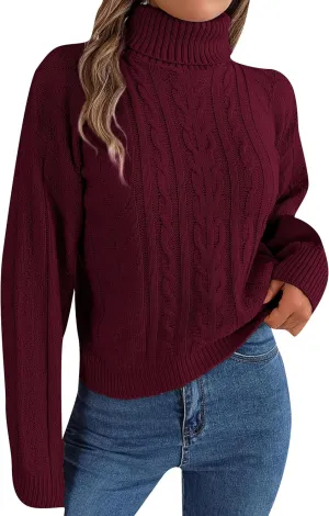 WIWIQS Women's Autumn Turtle Neck Cropped Sweater Winter Cable Knit Pullover Long Sleeve Casual Top Sweater