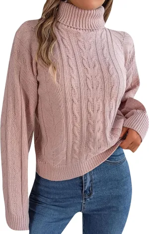 WIWIQS Women's Autumn Turtle Neck Cropped Sweater Winter Cable Knit Pullover Long Sleeve Casual Top Sweater