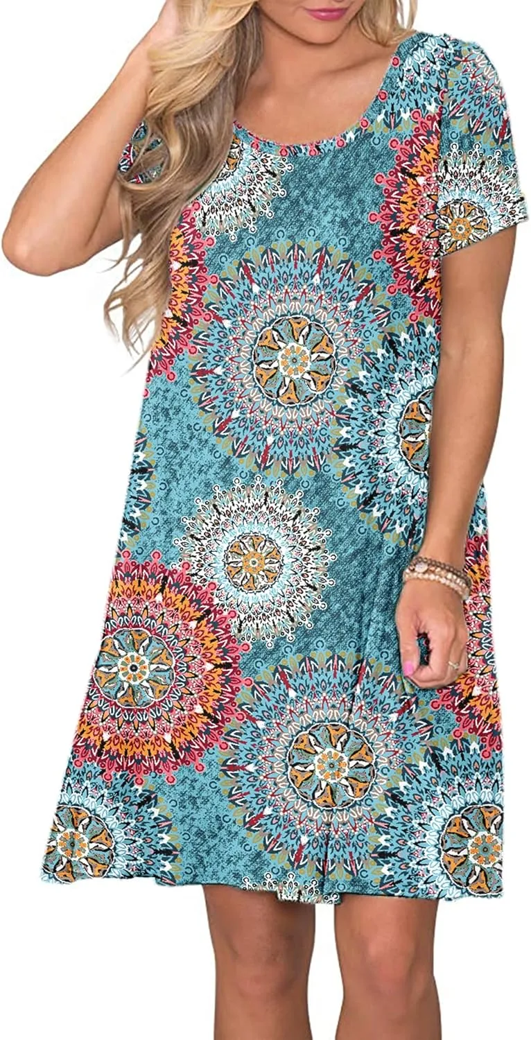 WNEEDU Women's Summer Casual T Shirt Dresses Short Sleeve Swing Dress with Pockets