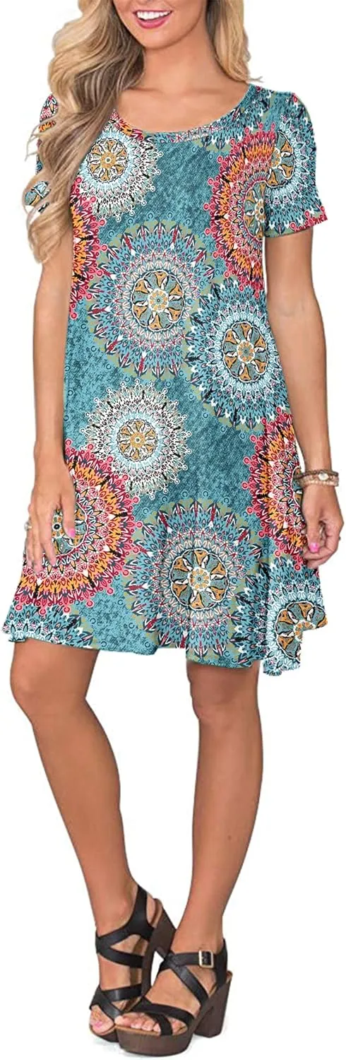 WNEEDU Women's Summer Casual T Shirt Dresses Short Sleeve Swing Dress with Pockets