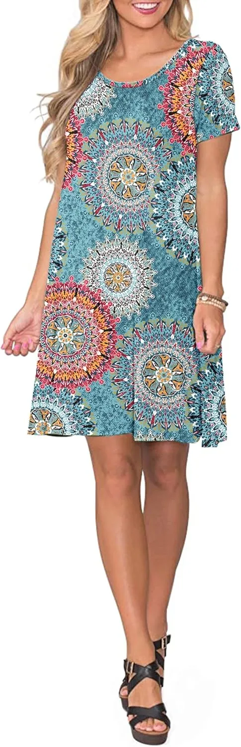 WNEEDU Women's Summer Casual T Shirt Dresses Short Sleeve Swing Dress with Pockets