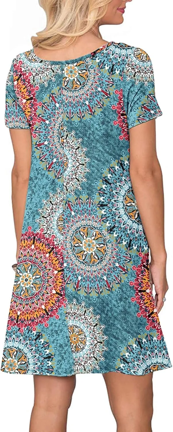 WNEEDU Women's Summer Casual T Shirt Dresses Short Sleeve Swing Dress with Pockets