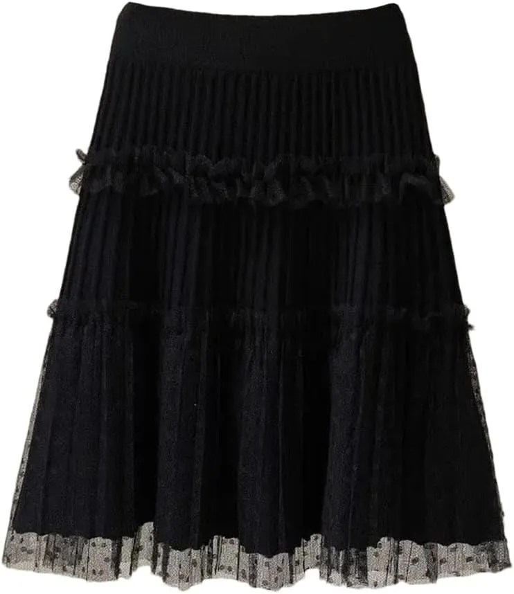 Woman A-Line Short Skirts Autumn Winter High Waist Pleated Lace Mini Skirt