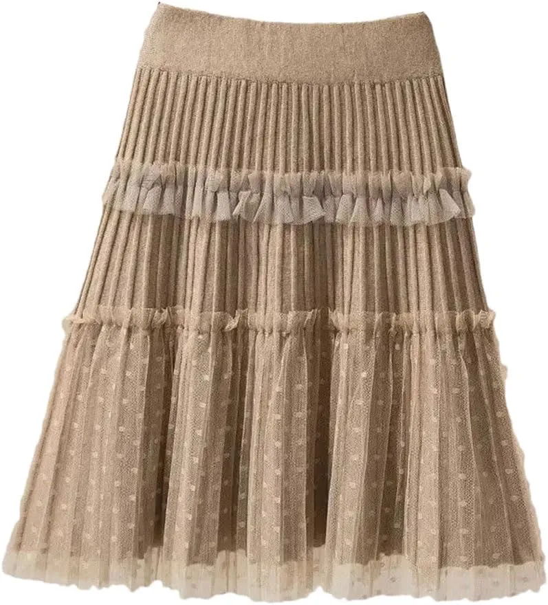 Woman A-Line Short Skirts Autumn Winter High Waist Pleated Lace Mini Skirt