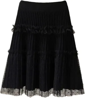 Woman A-Line Short Skirts Autumn Winter High Waist Pleated Lace Mini Skirt