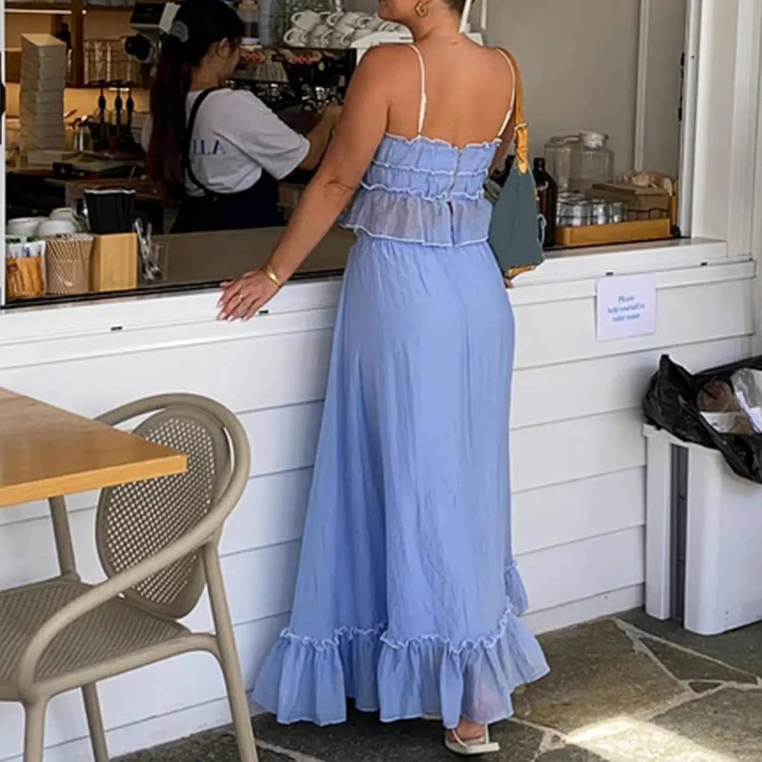 Women 2 Piece Maxi Skirt Set Y2k Sleeveless Cropped Cami Ruffle Long Skirt Matching Set Summer Beach Outfits