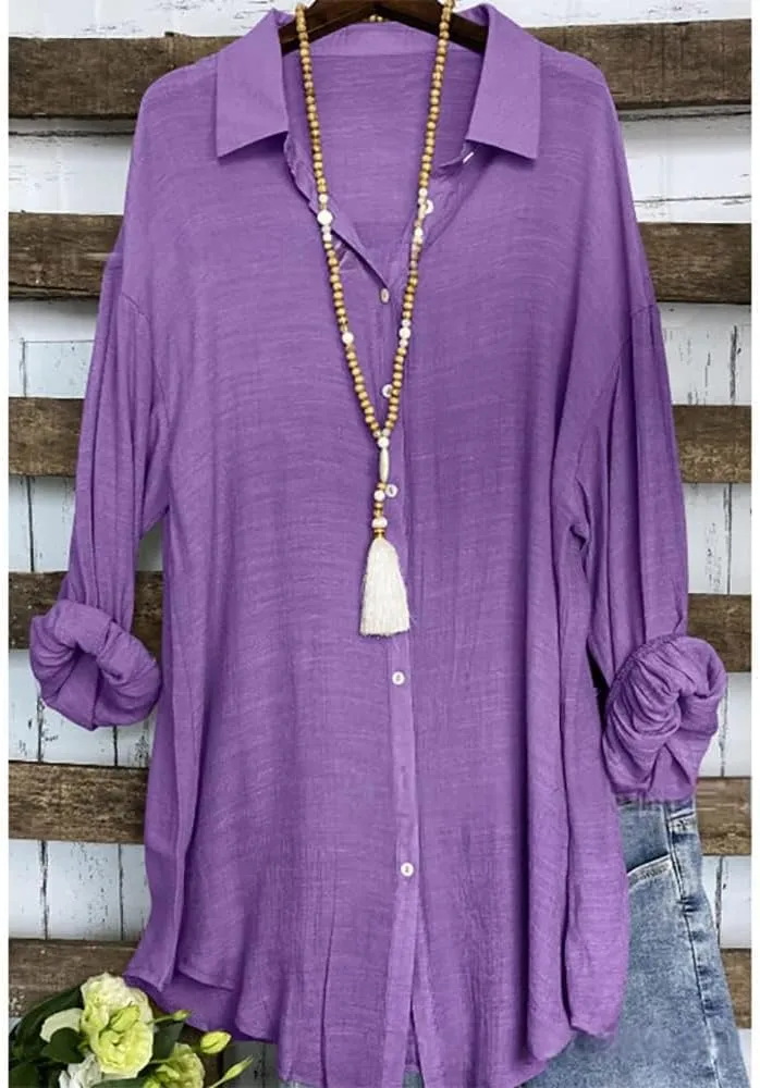 Women Beach Linen Button Down Shirt Dress Blouses Casual Solid Oversized Long Lantern Sleeve Tunic Shirt