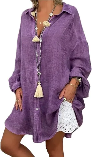 Women Beach Linen Button Down Shirt Dress Blouses Casual Solid Oversized Long Lantern Sleeve Tunic Shirt