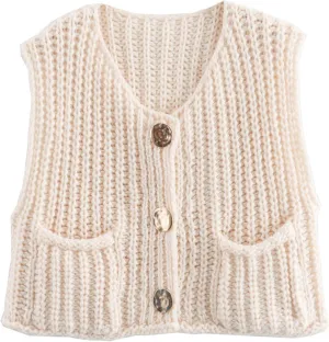 Women Button Down Chunky Knit Sweater Vest Sleeveless Open Front Button Cable Knit Cardigan Vest with Pockets