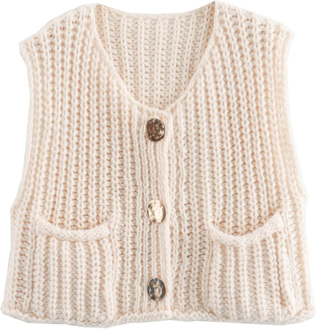 Women Button Down Chunky Knit Sweater Vest Sleeveless Open Front Button Cable Knit Cardigan Vest with Pockets