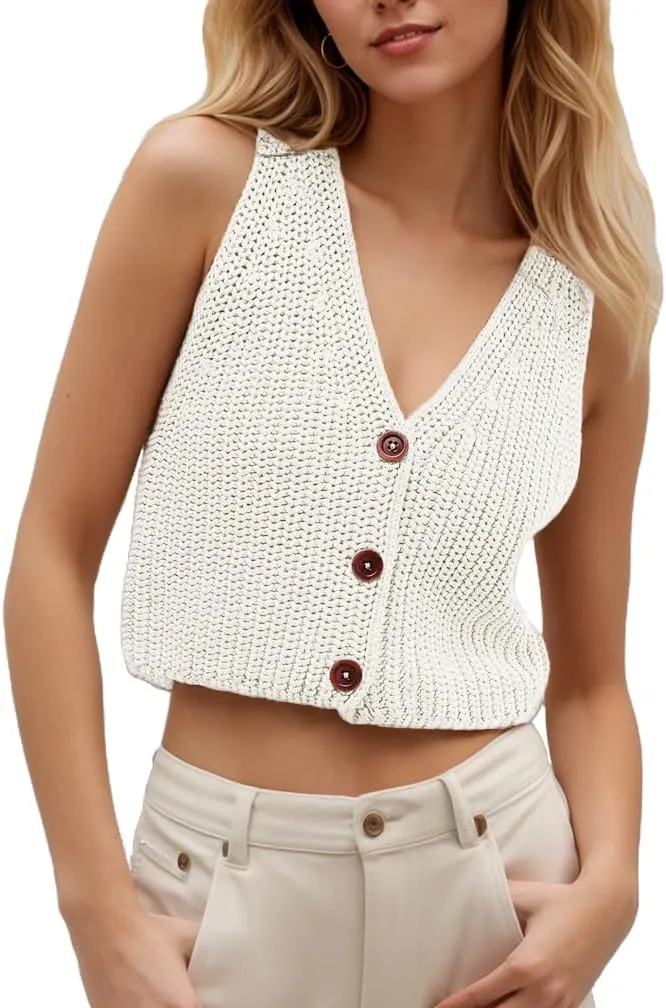 Women Button Up Ribbed Knit Crop Sweater Vest Sleeveless Solid Slim Fit Deep V Neck Cropped Vest Cardigan