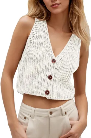 Women Button Up Ribbed Knit Crop Sweater Vest Sleeveless Solid Slim Fit Deep V Neck Cropped Vest Cardigan