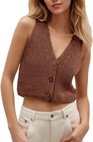 Women Button Up Ribbed Knit Crop Sweater Vest Sleeveless Solid Slim Fit Deep V Neck Cropped Vest Cardigan