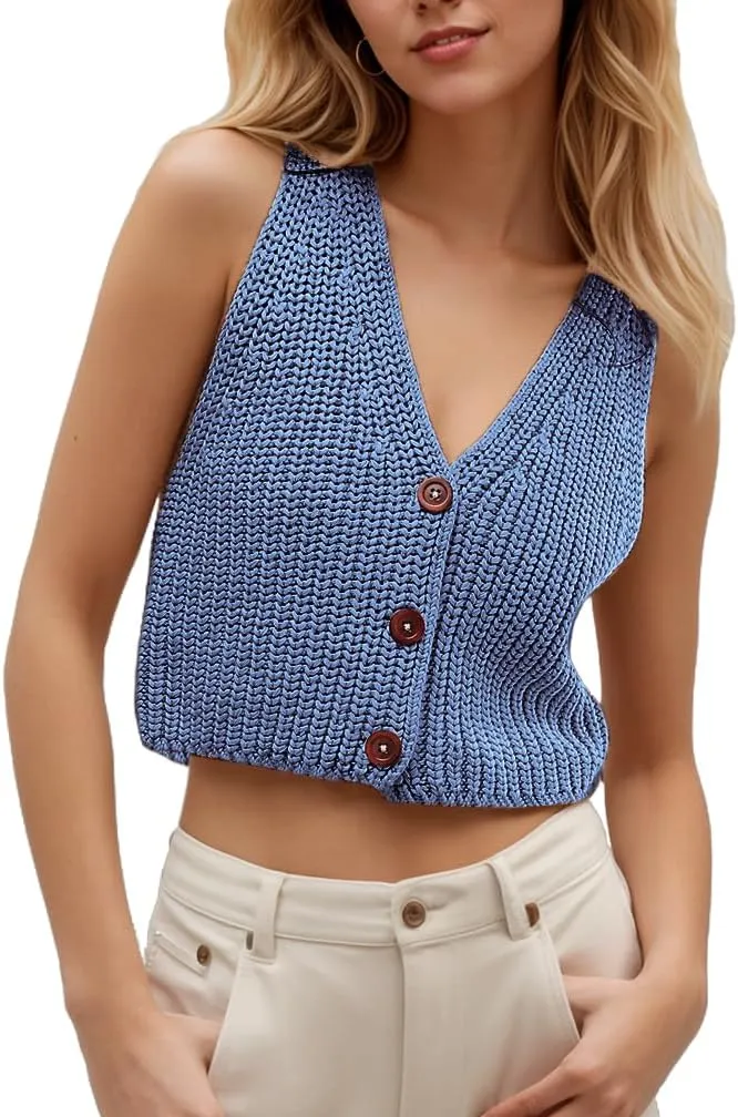 Women Button Up Ribbed Knit Crop Sweater Vest Sleeveless Solid Slim Fit Deep V Neck Cropped Vest Cardigan
