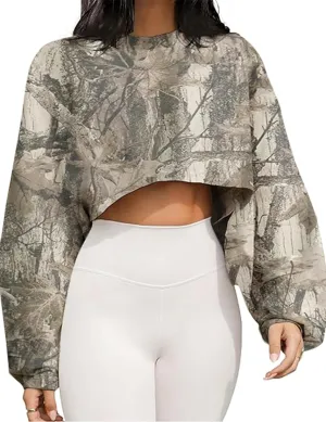 Women Camo Long Sleeve Crewneck Crop Top Tee Shirt Sweatshirt Casual Maple Leaf Print Loose Cropped Pullover Tshirt